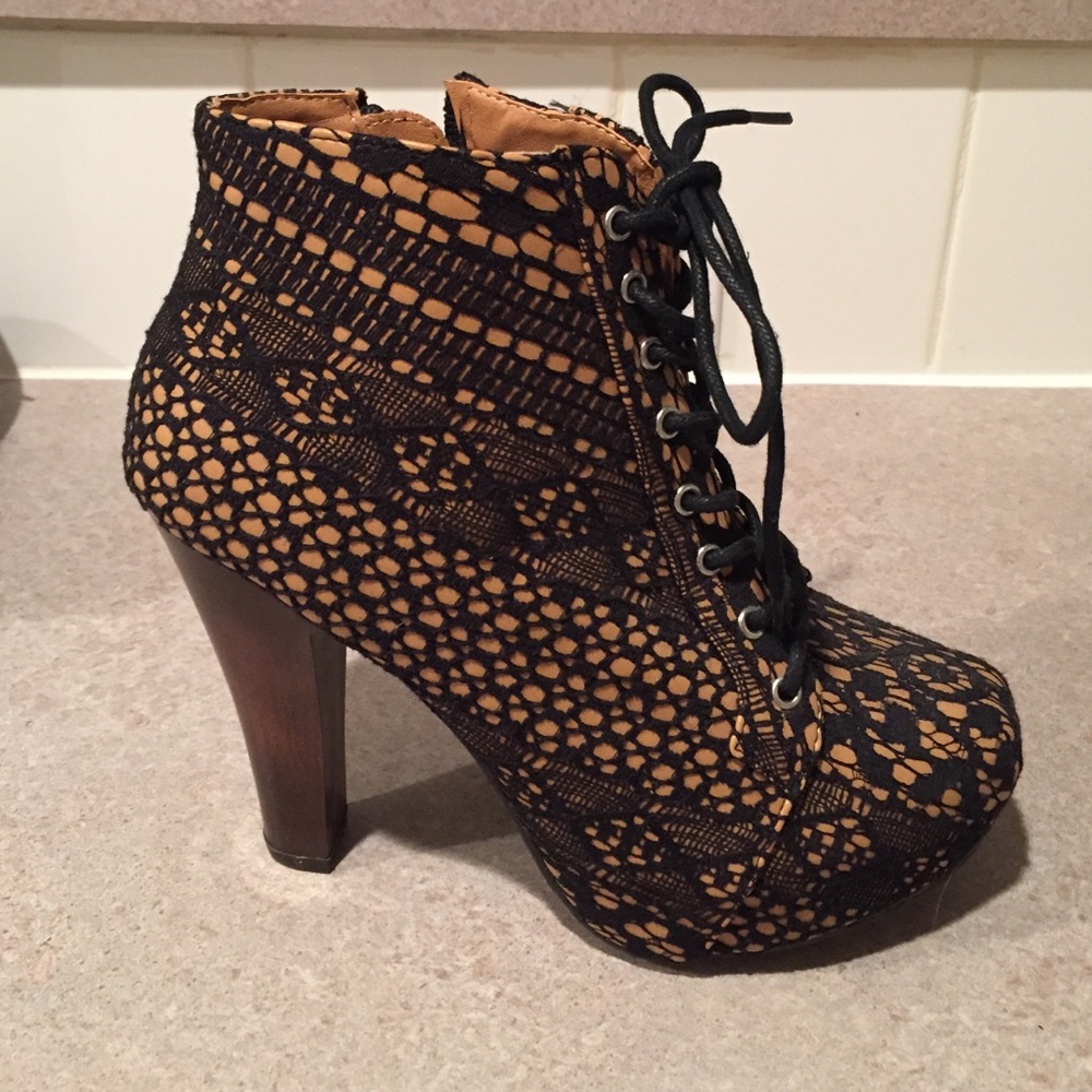 Qupid Black and Tan Lace Festival Boho High Heeled  Booties 7